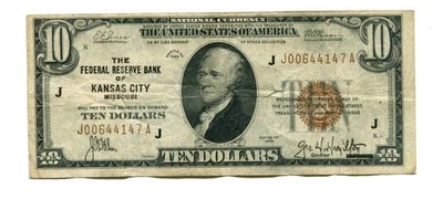 1929 BROWN SEAL GENUINE 10 DOLLAR Kansas City $10 Federal Reserve Bank Note - Image 1 of 4