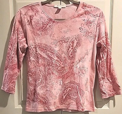 JM Collection Top Pink Paisley Beads Women S Round Neck Pullon 3/4 Sleeve Cotton - Image 1 of 4