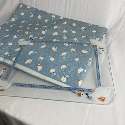 White Geese Blue Ribbon Counter glass Cutting Board + vinyl tablecloth Vintage - Image 1 of 4