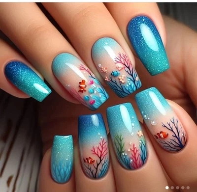 Blue Ocean Reef Glittery Nail Tips 24pcs Finished Boxed With Glue & Tabs Nails - Image 1 of 4