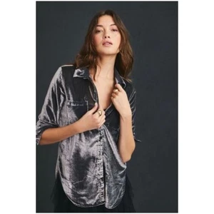 Anthropologie Pilcro Women’s S NWT Gray Velvet Button Front Top Hadley Relaxed - Picture 1 of 12