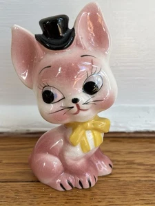 Vintage MCM Rosa Ceramica Antropomorfo Gattino Statuina Top Hat Fiocco Giallo - Foto 1 di 6