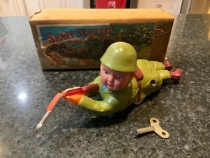 ALPS Occupied Japan Celluloid Windup Sharp Shooter Crawling Soldier Works - Picture 1 of 13