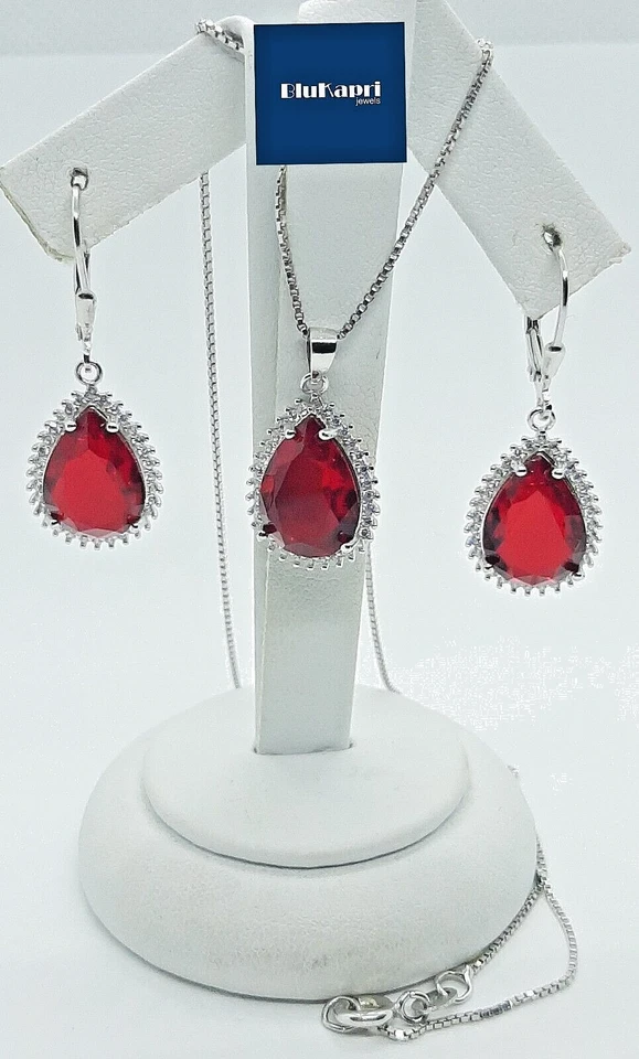SET DONNA ORECCHINI  CIONDOLO E COLLANA  IN ARGENTO 925 STERLING ZIRCONI RUBINO - Immagine 1 di 4