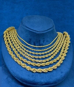 10K Yellow Gold 2.5mm - 8mm Diamond Cut Rope Chain Necklace Mens Women 7"- 26" - Picture 1 of 16