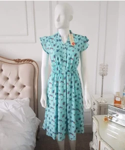 Lindy Bop Kody Adorable Vintage Bluebirds Print Swing Dress BNWT Size 14 NEW - Picture 1 of 3