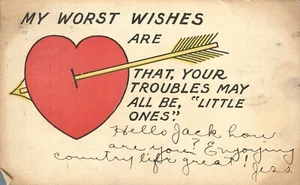 Tarjeta postal UDB Heart & Arrow My Worst Wishes are Your Troubles All Be Little Ones - Imagen 1 de 2