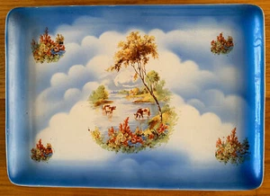 Charming Vintage Dressing Table Ceramic Tray 29.5x21cm Sky Meadow Cows VGC - Picture 1 of 3