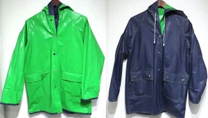 vtg Essex NEON GREEN NAVY PVC Rain Jacket Women MEDIUM 80s Reversible Vinyl Hood - Picture 1 of 14
