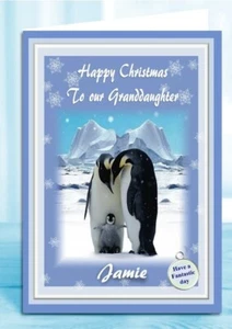 Personalisierte Weihnachtskarte Pinguin Familie auf dem Eis jede Beziehung und Namen - Bild 1 von 2