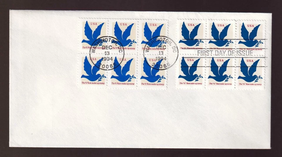 USA FDC 1994 sc#2878 'G' rate blue dove, 2 blocks of 6, unaddressed - Image 1 of 1