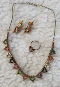 VTG Cleopatra Style Collar Beaded Statement Necklace, Ring & Earrings UNIQUE - Picture 1 of 9