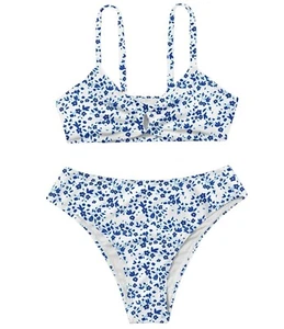 Girls' 2 Piece Ditsy Floral Print Knot Front Ruched Triangle Bikini Swimsuit Whi - Picture 1 of 5