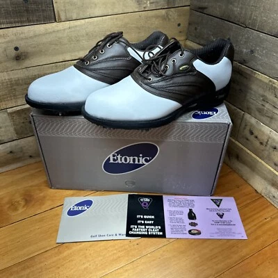 全新带盒 Etonic 男式 8 M Dri Lite 200 高尔夫鞋白色棕色马鞍皮革 — 第 1/4 张图片