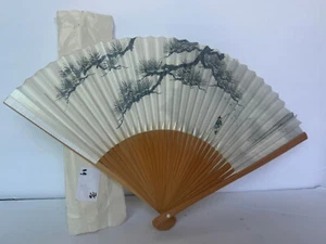 Chinese Bonsai Tree Paper Folding Handheld White Fan $12 USED #76 - Picture 1 of 2