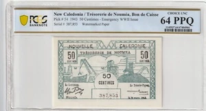 New Caledonia 1943 50 Centimes Certified PCGS Banknote UNC 64 PPQ Pick 54 - Picture 1 of 2