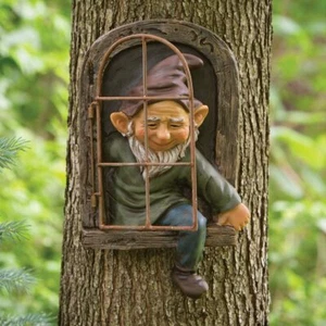Little Elf Outdoor Oak Tree Hugger Hanging Gnome Sculpture Garden Yard Art Decor - Picture 1 of 6