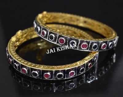 Real Ruby Blue Sapphire Gemstone 925 Sterling Silver Bangle 2 Pcs Women Jewelry - Image 1 of 4