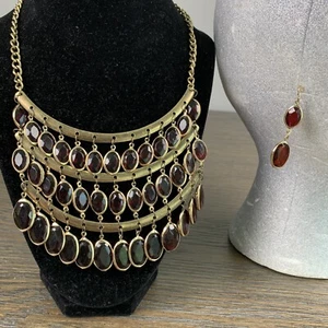 Red Garnet Colored Dangle Gold Tone Boho Crescent Bib Choker Necklace & Earrings - Picture 1 of 11