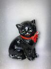 Antique Metal 3” Black Kitty with Red Bow Collar and Green Eyes