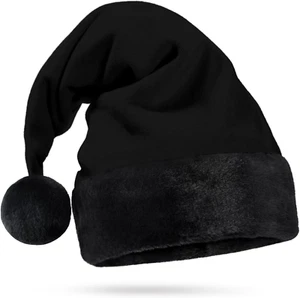 All Black Santa Hat Faux Fur Black Trim Gothic Xmas Accessory Goth Christmas Hat - Picture 1 of 11