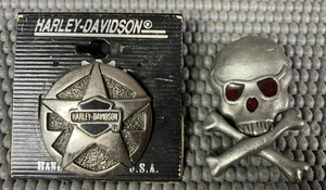 Spilla bavero distintivo stella argento Harley Davidson ufficiale NOS + spilla teschio e ossa - Foto 1 di 8
