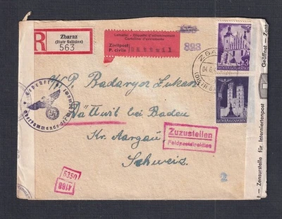 POLAND GERMAN OCC. 1943 WW2 2xCENSORED REGISTERED COVER ZBARAZ TO SWITZERLAND - image 1 of 2