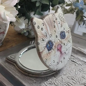 Cat Face Compact Mirror Make-up Portable w/ Rhinestones Dual Mirror, Magnifying - Picture 1 of 8