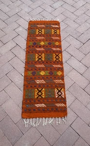 Vintage Handwoven Orange Greek Kilim Wool Rug Boho 15x45" Greece Runner Tapestry - Picture 1 of 12