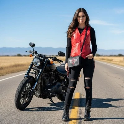 Women’s Red Rider Vest & Matching Red Studded Bag Set - Image 1 of 4