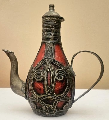 Vintage Red Cruet Bottle With Ornate Aluminum Holder - Image 1 of 4