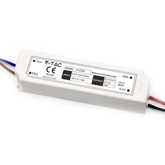 V-TAC VT-22061 Alimentatore slim led 60W 12V 5A waterproof IP67 in plastica cavi - Immagine 1 di 1