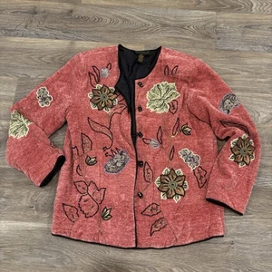 Vintage Alex Kim korallenrot bestickt Blumen Knopfleiste Jacke Boho Chic - Medium - Bild 1 von 7