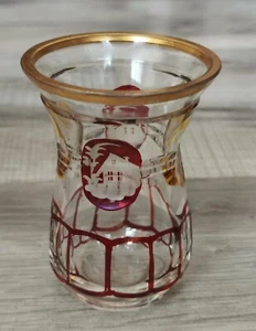 Kleine antike Vase, Glas wohl Böhmen Linsenschliff gelb, rot Blume, Haus, Gold - Bild 1 von 9