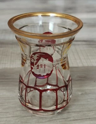 Kleine antike Vase, Glas wohl Böhmen Linsenschliff gelb, rot Blume, Haus, Gold - Bild 1 von 4