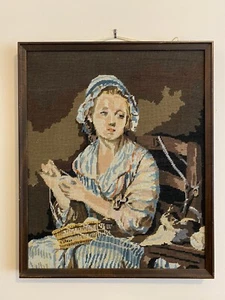VTG Embroidered Needlepoint “The Wool Winder” by Jean-Baptiste Framed 25”x21” - Picture 1 of 5