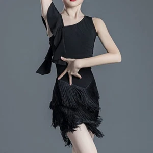 Girls Ruffle Tassels Latin Dance Dress Sleeveless Tiered Fringe Ballroom Black - Picture 1 of 6
