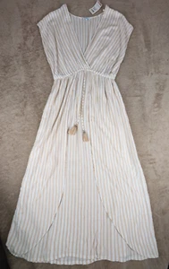 Blue Island Tan & White Canvas Striped Maxi Spring Dress Large Tassels - Picture 1 of 22
