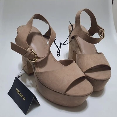Sandalias de plataforma para mujer FOREVER 21 | Aspecto de gamuza de tacón alto | Correa para el tobillo | Elega Foto 1 de 4