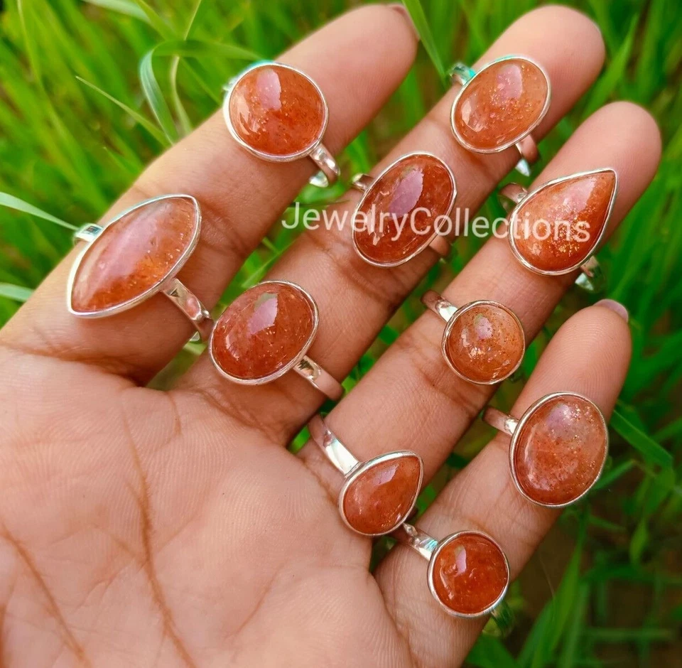 Лот колец с натуральным солнечным камнем серебро 925 покрытие кольца ручной работы женские кольца B150 - Изображение 1 из 4