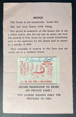 New Jersey 1972 Resident Fishing License #71424 - used - w/Trout Stamp - NJ - Image 1 of 2