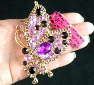HUGE 3.75" NEW BETSEY JOHNSON PURPLE RHINESTONE BUTTERFLY BROOCH PENDANT COMBO - Picture 1 of 12