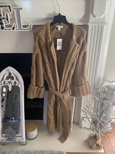 Michael Kors Long Knit Sweater Dark Camel Chunky W/ Sash/Tie Nwt $350 Small