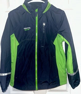 男孩伦敦雾夹克尺寸 L/14-16 海军蓝/绿色内衬连帽二手 — 第 1/4 张图片