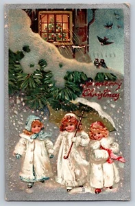 Christmas Postcard Tuck's Little Girls in White Coats Birds Tree 1909 Canada - Picture 1 of 2