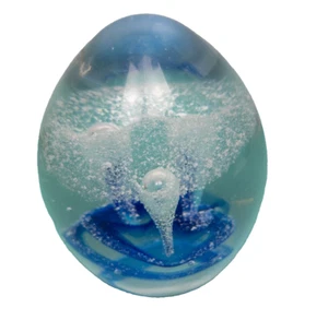 Egg Shaped Glass Paperweight Celestial Blue Clear Bubbles Teardrop Vintage - Picture 1 of 9
