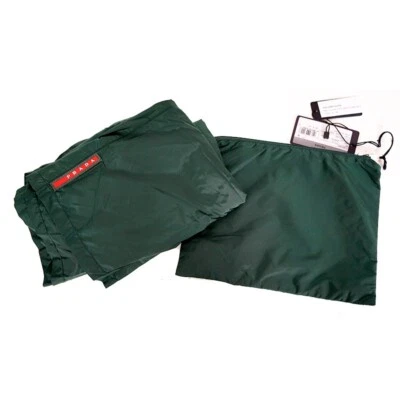 58 NEW $725 PRADA Men Green Nylon LINE-A LOGO Swim Shorts TRUNKS & TRAVEL POUCH - Image 1 of 4