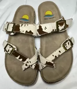 Maui Island Cow Print Brown & White Toe Loop Slip On Sandals Sz 7 - Picture 1 of 9
