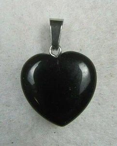 Black Obsidian Heart Silver Natural Carved Polished Stone Pendant Jewelry - Picture 1 of 2