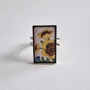 70er Ring Rechteck Blumen gelb Natur Emaille Schmuck Handarbeit Hippie Vintage - Picture 1 of 5